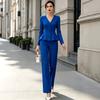 2026 new V-neck linen waist lotus leaf pendulum set European and American commuter long-sleeved two-piece set for women
