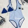 Thai niche personality blue and white striped two-piece one-piece women's simple and thin swimsuit fashionable island vacation swimsuit