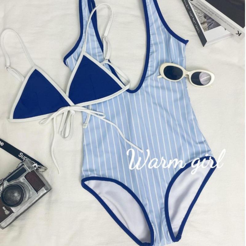 Thai niche personality blue and white striped two-piece one-piece women's simple and thin swimsuit fashionable island vacation swimsuit