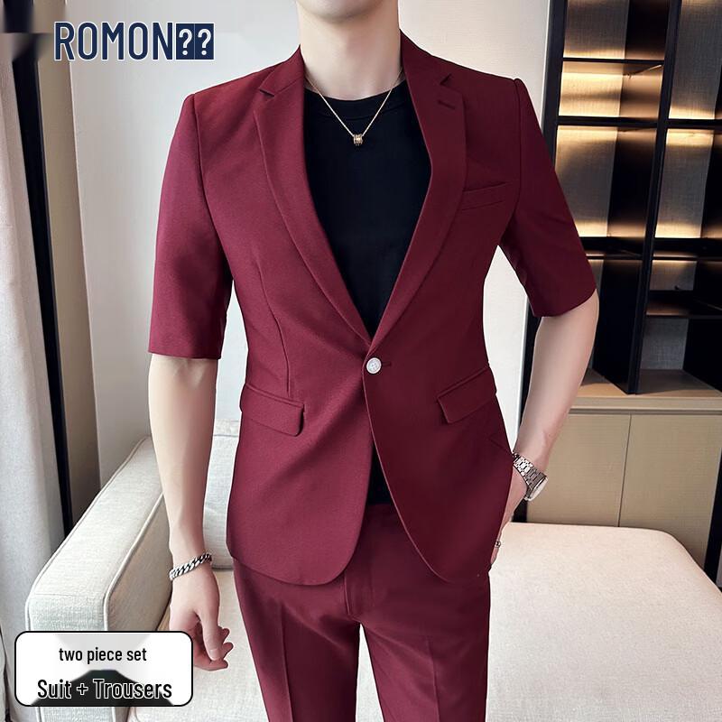 Romon Men s Business Casual Seven-Sleeve Suit Set 54 вино красного