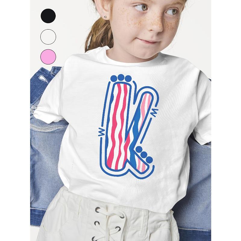 

European sizes Girls Preppy Patriotic K-Style Letter T-Shirt - Soft Cotton Breathable Loose Fit Tee with Red White & Blue Striped Paw Print Design 98cm белый