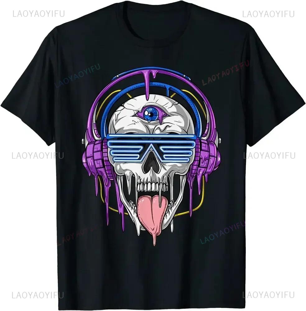Summer Tops New Limited Psychedelic Skull Headphones Psytrance Techno Edm Festival High Quality Cotton TShirt Men Clothing