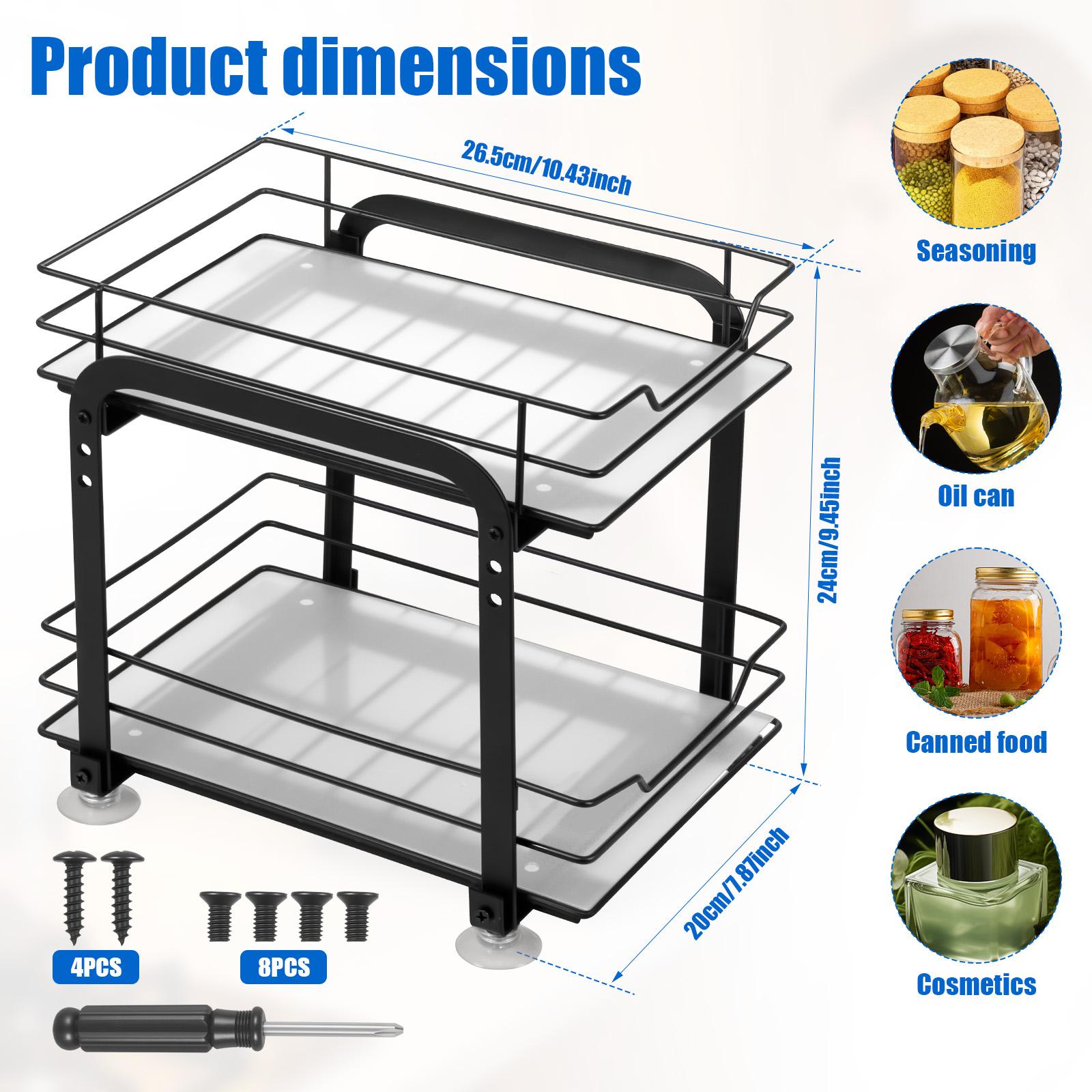 2 Tier Pull Out Spice Rack Kitchen Countertop Storage Rack Adjustable Slide-out Storage Basket Multifunctional Storage Box