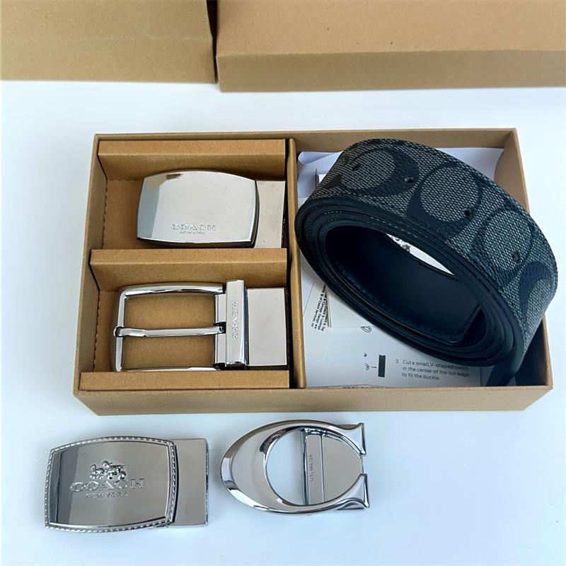 Men's Classic Double Buckle Leather Belt with C Buckle and Fabric Texture - Business Casual Trousers Accessory