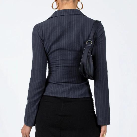 Women Shirt Lapel Long Sleeve Striped Print Shirt Buttons Placket Slim Fit Versatile Tops Daily Wear