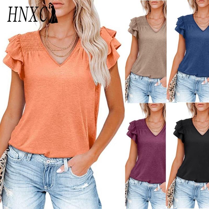 Bluse e Camicie Casual da Donna HNXC, Colore Solido Stampato, Manica Corta, Scollo a V