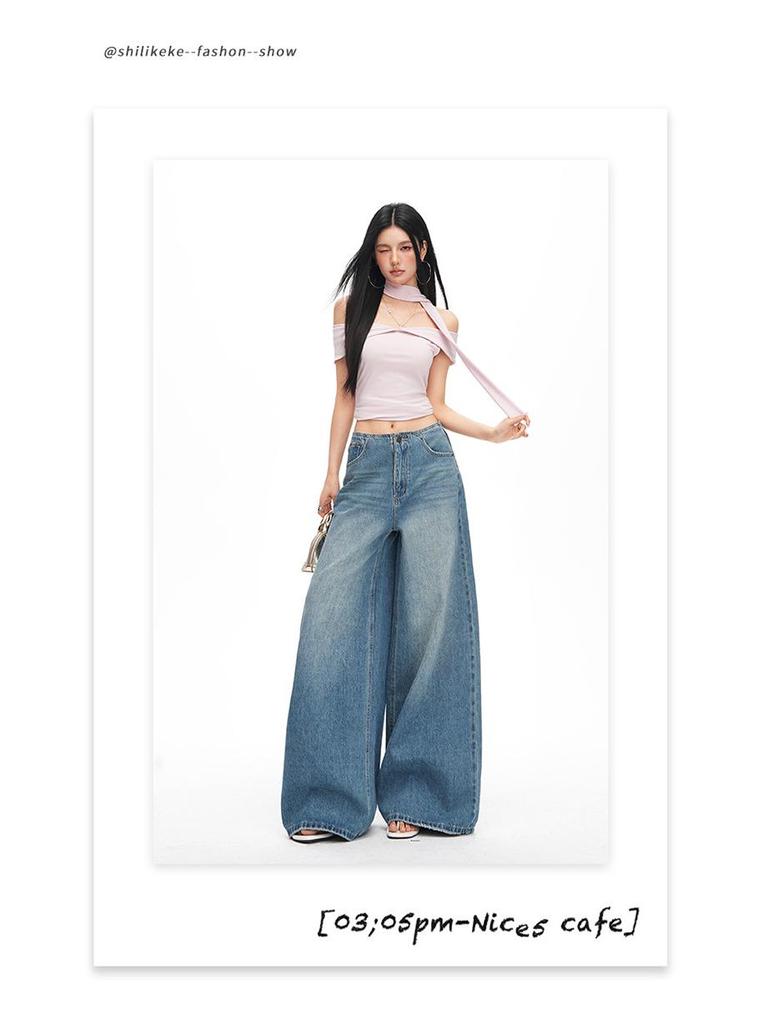 2026 Spring Women's Retro Wide-Leg Jeans: Waistless, Versatile, Loose, Slimming, Floor-Length Pants