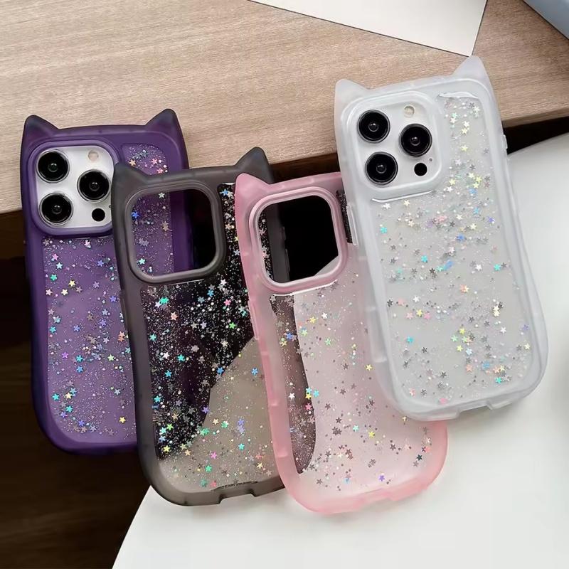 Sött tecknat kattöron glitter paljetter transparent skal för iPhone 16 15 Plus 14 Pro Max 13 12 11 mjukt silikon stötsäkert skydd
