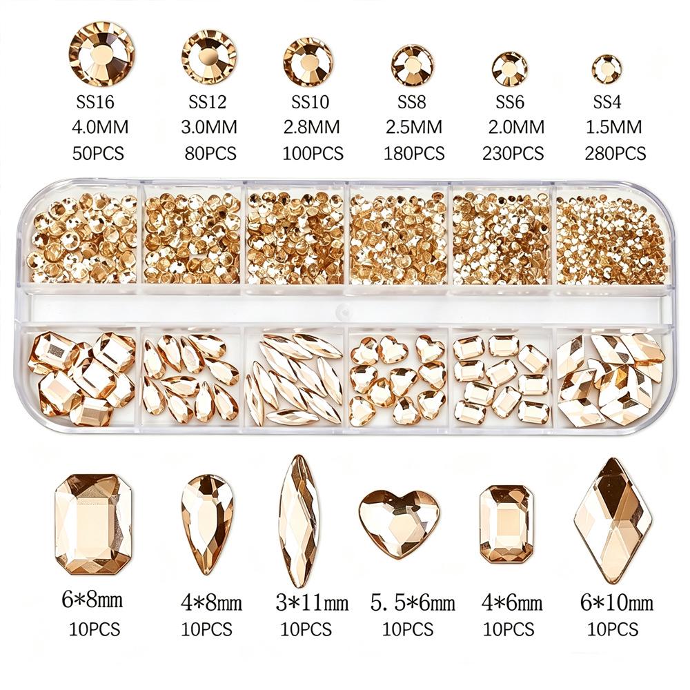 Mixed Color Flat Back Rhinestone Nail Art Kit with 12 Grids - Heart, Water Drop, and Rhombus Shapes.