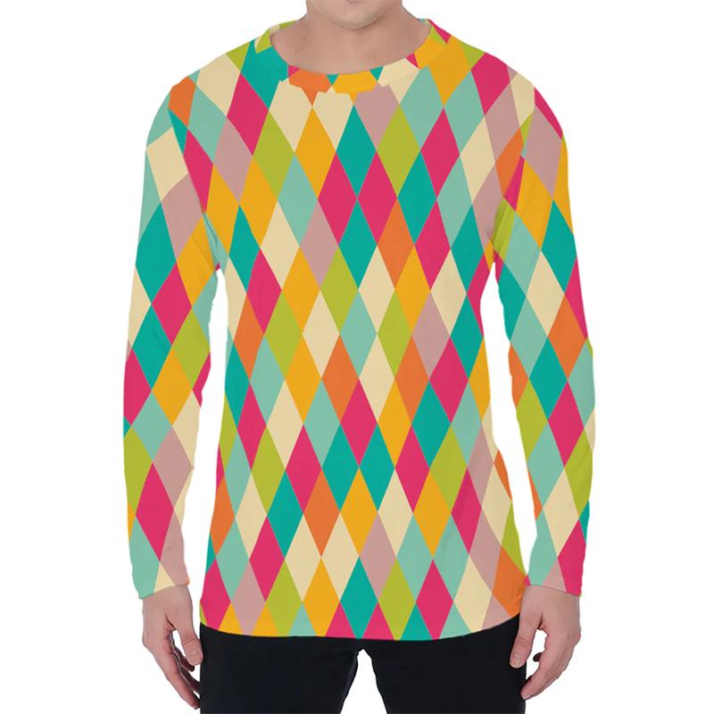 Simple Argyle Pattern Men's T-shirts Fashion Casual 3D Printed Long Sleeve T-shirts Loose Round Neck Streetwear Pullovers