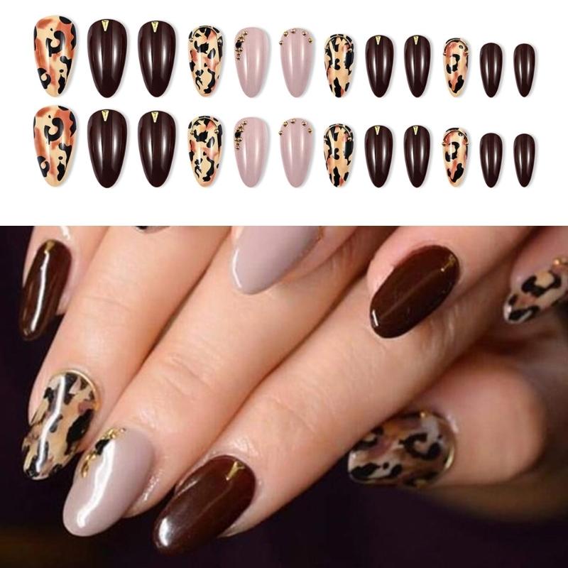 24Pcs Leopard Print Press On Nail Short Almond False Nail Glossy Artificial Nail Full Cover Stick Onsfor Women and Girls