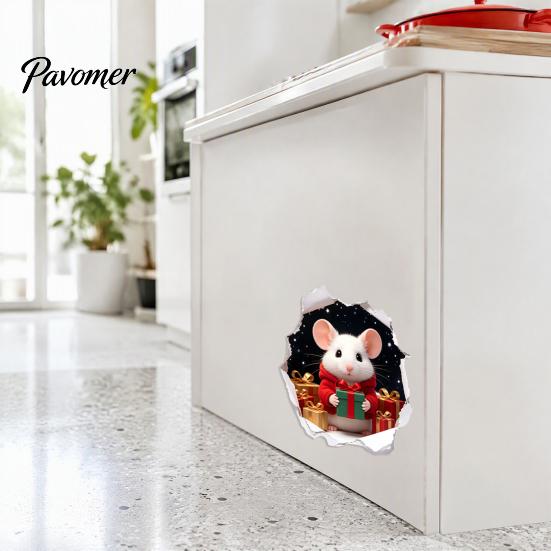 Durable Weatherproof Window Stickers 3D Hole Illusion Christmas Mouse Wall Sticker, Peel And Stick Waterproof PVC Holiday Home Decorations Decal