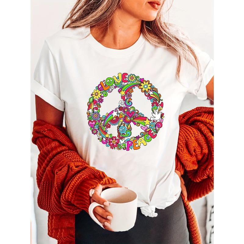 Women's Love Peace Floral Print T-Shirt - Short Sleeve Crew Neck Casual Top with Vibrant Rainbow Colors, Semi-Sheer All-Season Comfort