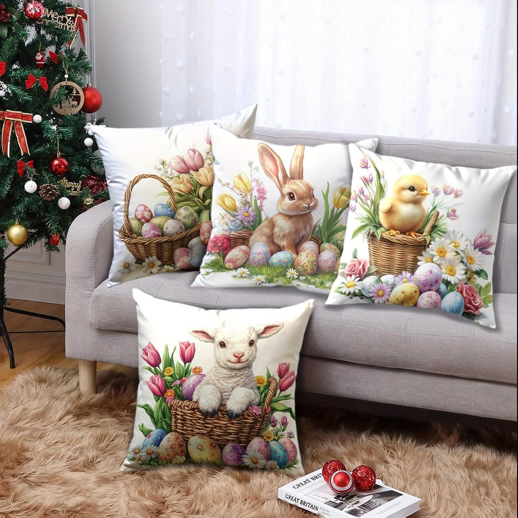4pcs Easter Flower Pillow Cover Set, Holiday Decoration Sofa Cushion Cover, Sofa Home Decoration, Room Decoration, Office Decoration