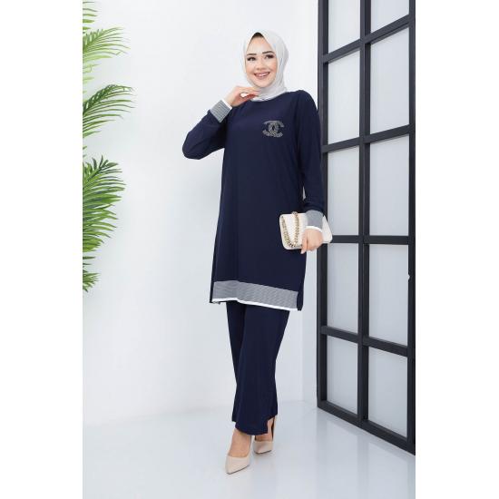 Islamska szafa damska prążkowana tunika spodnie garnitur hidżab