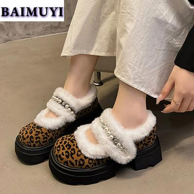Leopard Fur Flats Platform Women Snow Ankle Boots Mary Janes Shoes 2025 Trend Winter New Lolita String Bead Short Plush Boots