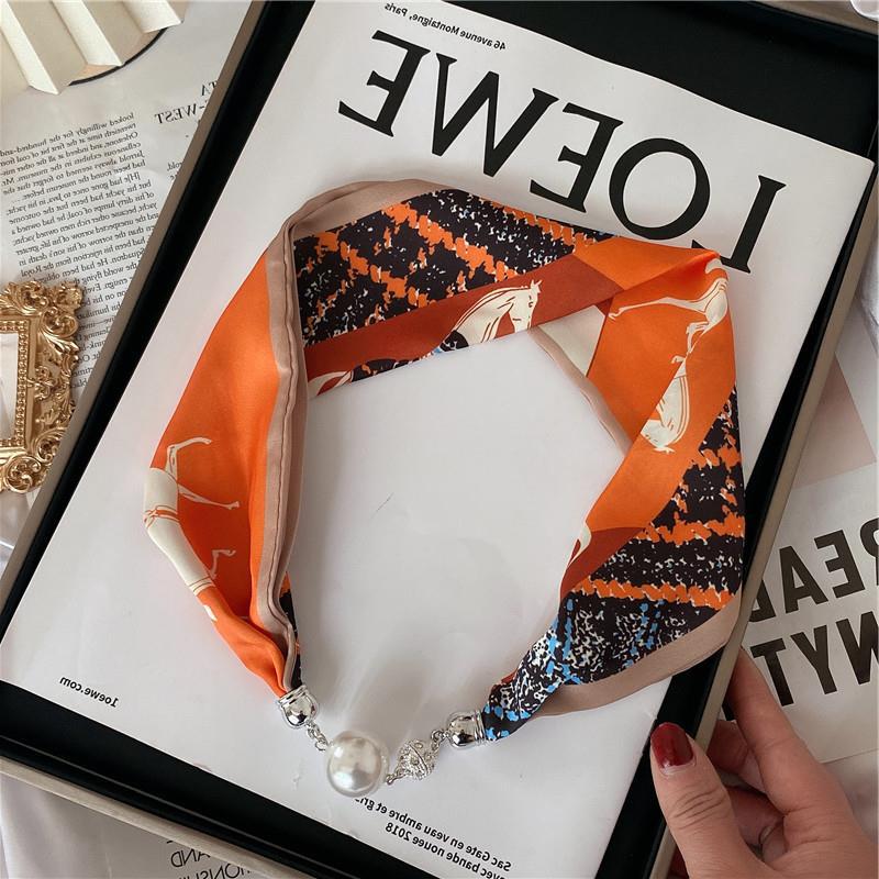 New Luxury Design Magnetic Pearls Button Silk Scarf Women Summer Neck Ornament Silk Scarves Lady Shirt Sunscreen Decoration Gift
