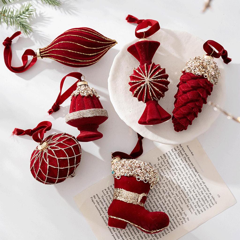 6pcs Wine Red Plush Candy Pine Cones Christmas Tree Decoration Flocking Christmas Themed Balls Ornament For Living Room