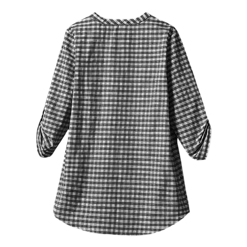 Women's Casual Plaid V Neck Long Sleeve Loose Fit Shirt Top