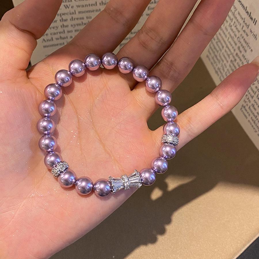 Mist Purple Cubic Zirconia Pearl Beaded Elastic Bracelet - Versatile Light Luxury Hand Jewelry