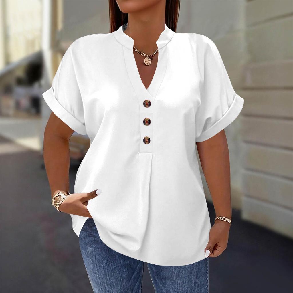Women's Fashion Short Sleeve V Neck Button Up Blouse Stylish Casual Plus Size Top