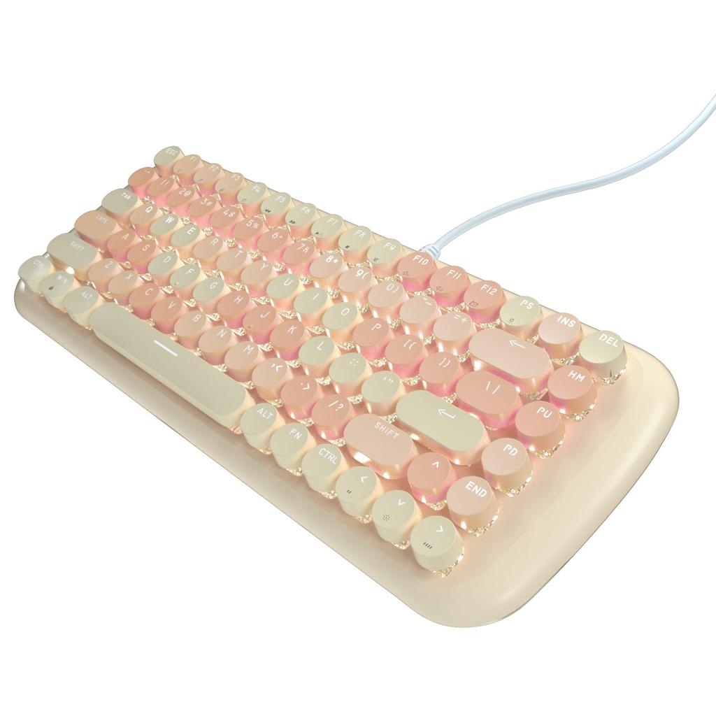 Cute, Portable, 84-key Wired Keyboard for Women with Colorful Round Keycaps, Typewriter-style English Layout, and Pink Switches (Milk Tea).