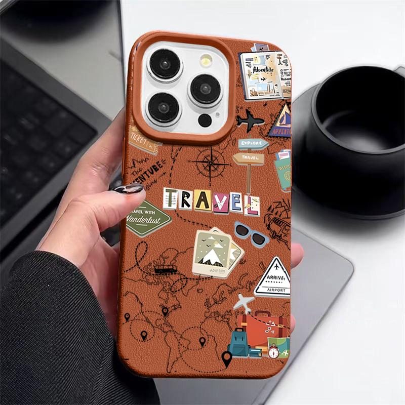 Für iPhone 16 15 Pro Max 14 Pro 13 12 11 Hülle Reise Wegweiser Muster TPU Ledertextur Weich Matt Stoßfest Schlank Handyhülle