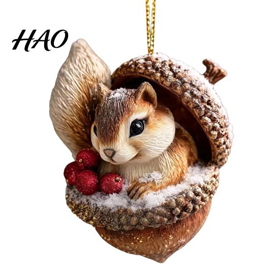 Elegant Holiday Decor Forest Animal Acorn Hanging Ornament, 2D Acrylic Flat Printed Tree Seasonal Ornaments for Christmas, Woodland Creature Pendant,