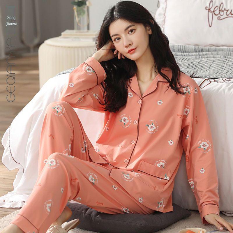 

Пижама с длинными рукавами из 100% хлопка для женщин — свободный крой на весну и осень, идеально подходит для мам среднего возраста Medium