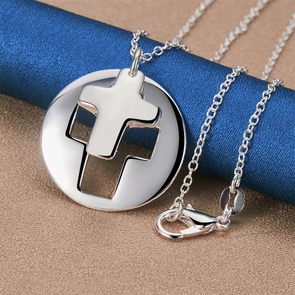 925 Sterling Silver 16-30 Inch Exquisite Round Cross Pendant Necklace, Women's Charm, Wedding Jewelry Accessories, Gifts