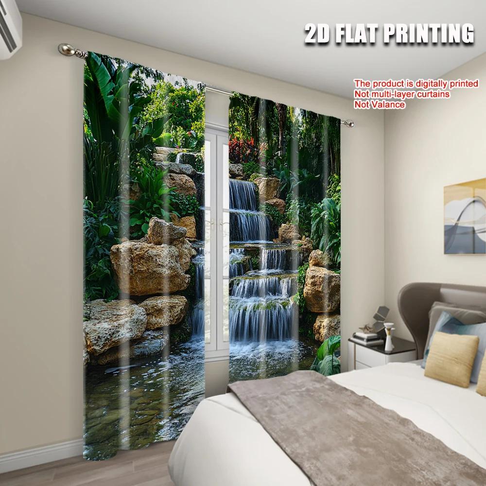 2pcs   Creative Curtains  print Mountain Rocks_ Flowing Water_ Lake_ River_ Green Forest_ Trees Nature Scene Versatile