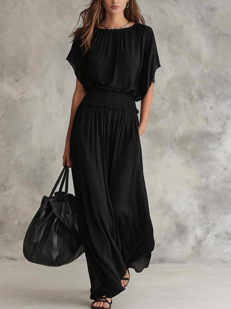 2026 new summer European and American chiffon waist collection elegant exquisite long dress