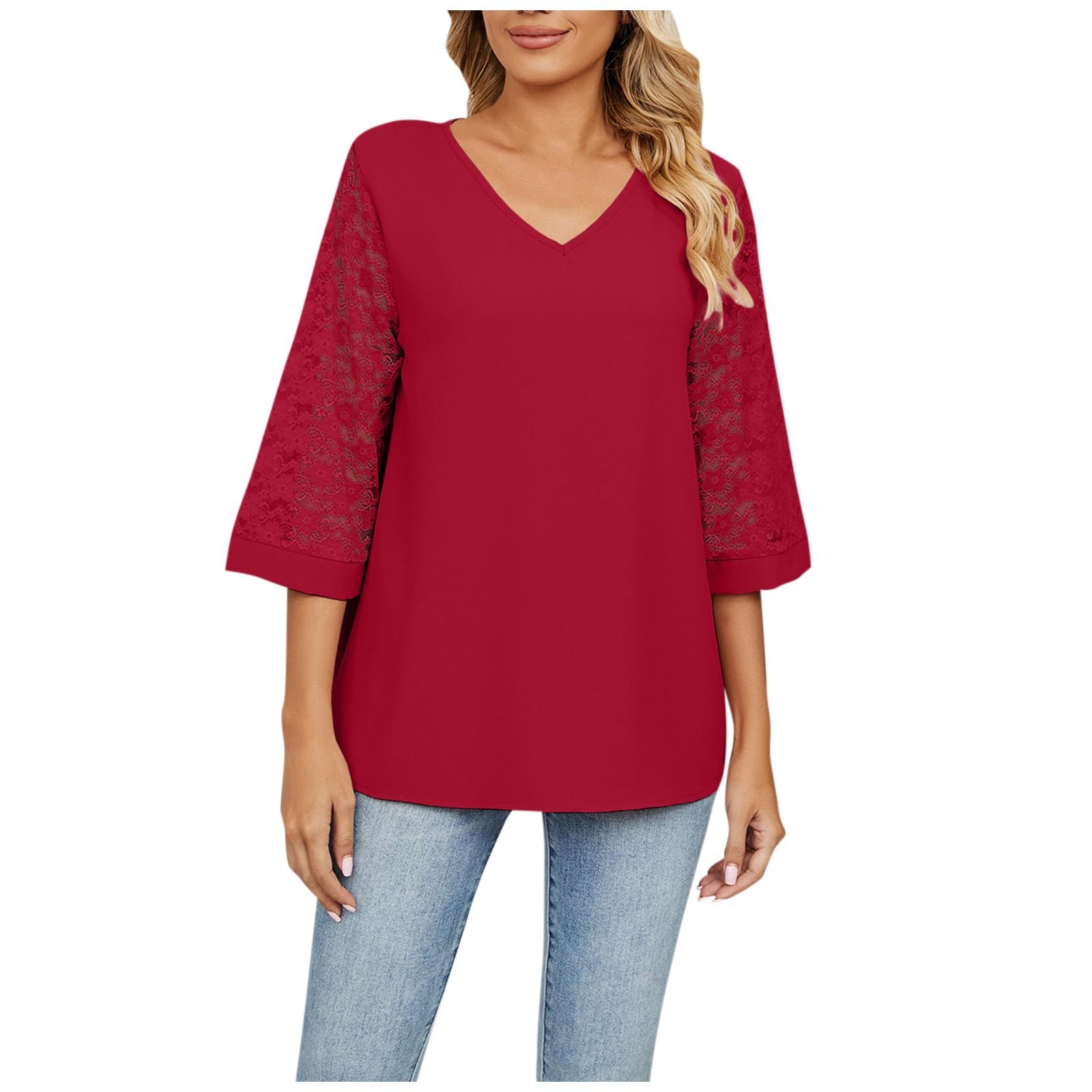 

(SU)Женская модная однотонная шифоновая блузка с v-образным вырезом и семью точками, кружевная шифоновая блузка с расклешенными рукавами, топ