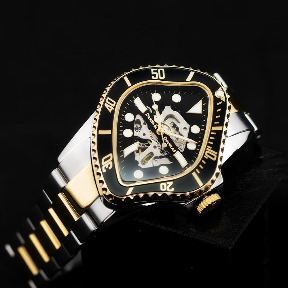 Daniel & Douglas Mechanical Automatic Watch DD8811 Skeleton Hand-Wound Silver Men's Two-Tone Black Marine
