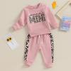 Toddler Girl Fall Clothes Letter Leopard Print Long Sleeve Pullover Strap Pants 2 Pcs Outfit