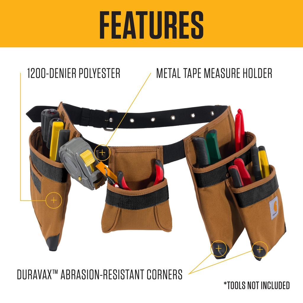 Carhartt Padded Tool Heavy Duty Tool Belt with 7 Pockets for Tools Zipper Carhartt Brown Belt, & Storage,