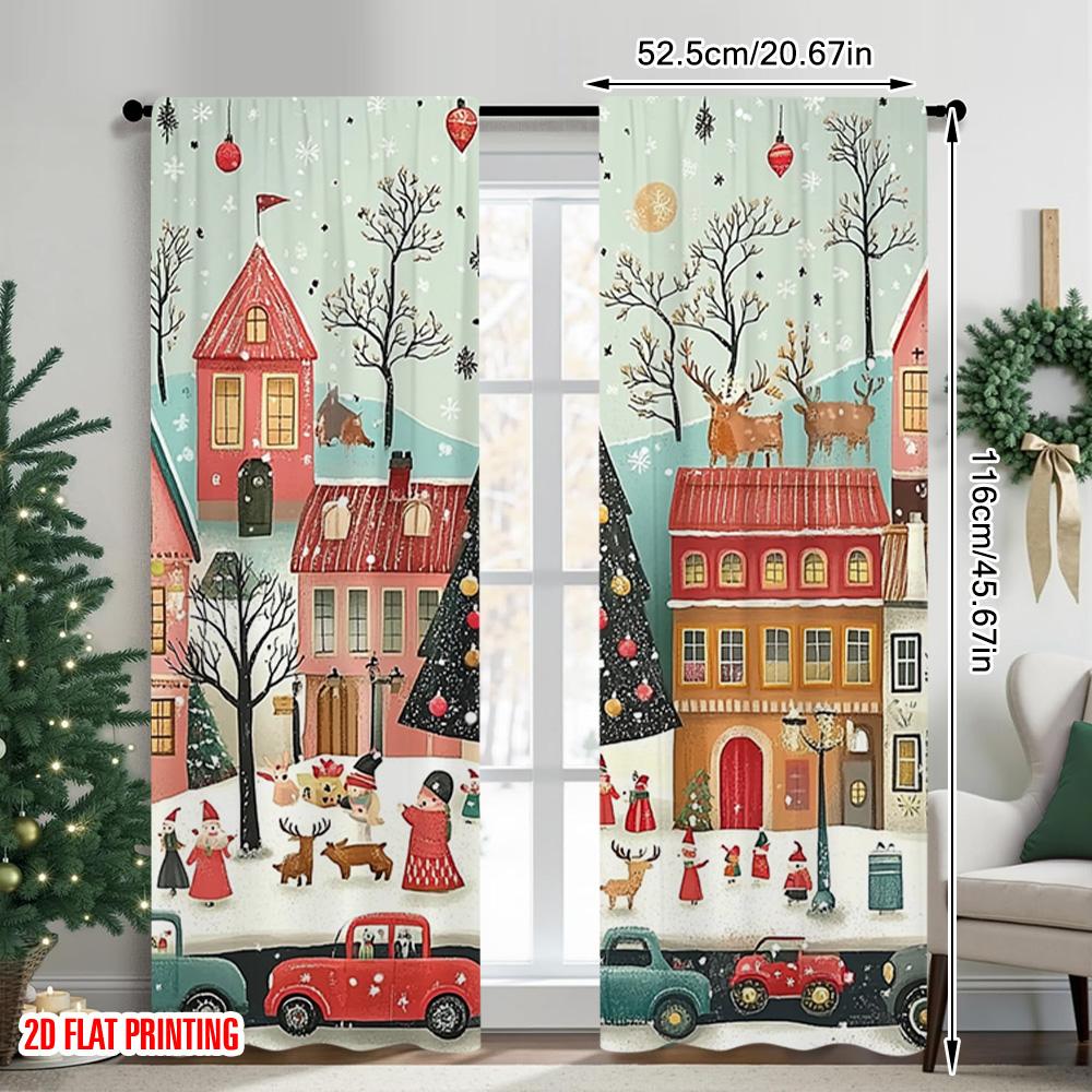 2pcs 2D Flat Printing Merry Christmas Party Curtains Santa Claus Snow Scenery Versatile Polyester Fabric Without Electricity