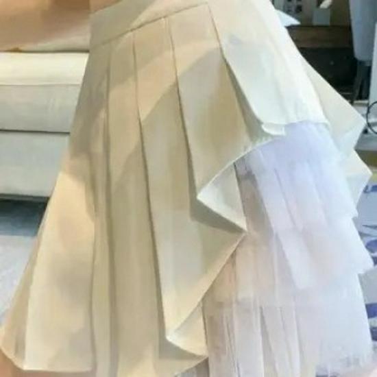 

Korean Style Lace A-Line Midi and Short Skirt with Pleated Mesh for All Seasons Large белый