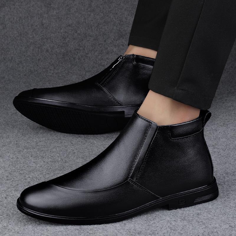 Autumn and winter men's shoes round head casual shoes business leather shoes men's first layer cowhide foot cover winter velvet snow boots men