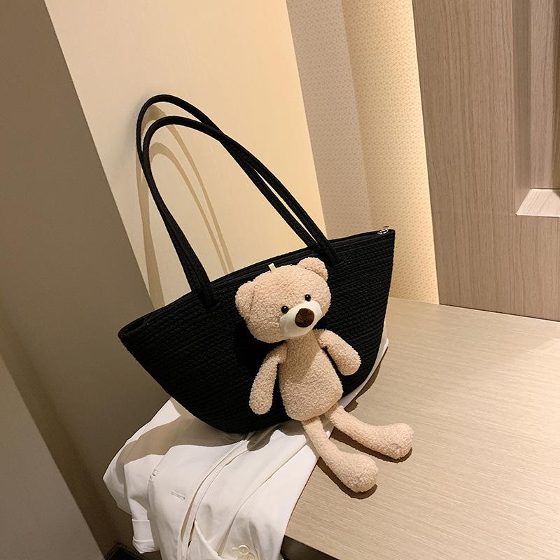 Woven Bag Large Capacity Ethnic Style Plush Bear Cute Straw Bag Shoulder Bag Travel Beach Bag