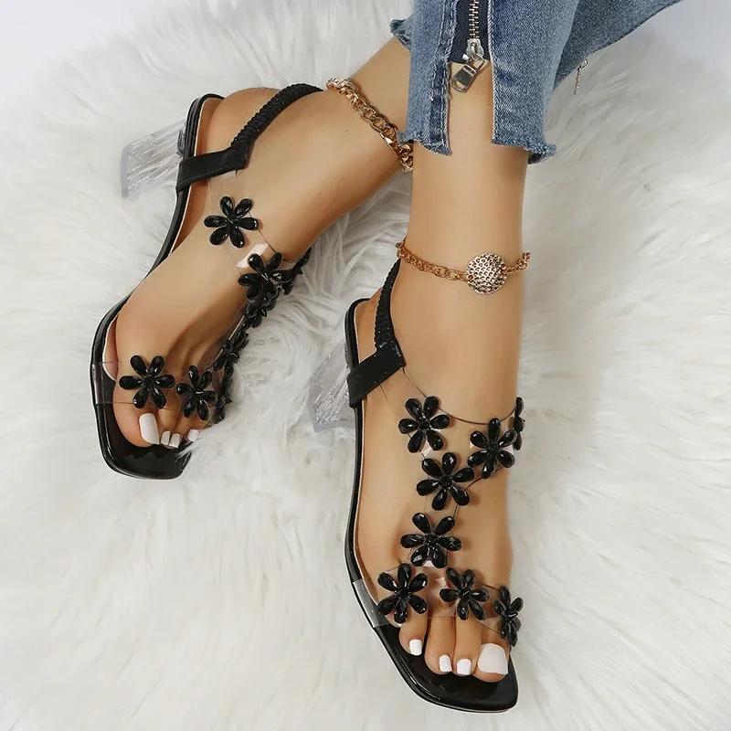 

Fashion Summer Women Sandals Pvc Crystal Flower Decoration Chunky Heel Peep Toe Back Strap Elastic Band Elegant Fashion Shoes Ladies 34