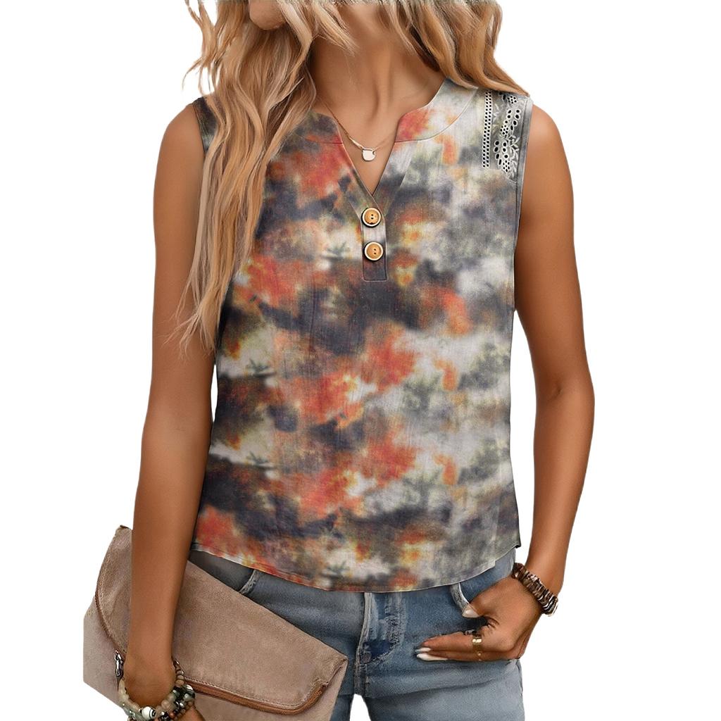 Women's Casual, Loose-Fitting, Printed, Sleeveless Linen Blouse