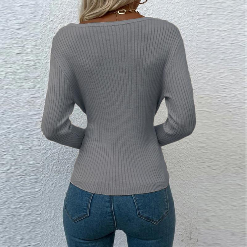 Women's Fashion Front Irregularly Crossed Long-sleeved  Knitted Pullover Sweaters Slim Ribbed Knitted Sweaters