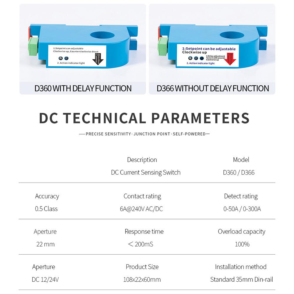 D360-50A DC Current Switch Current Sensing Relay DC Current Sensing Switch 0-300A Sensor Monitoring Relay D366