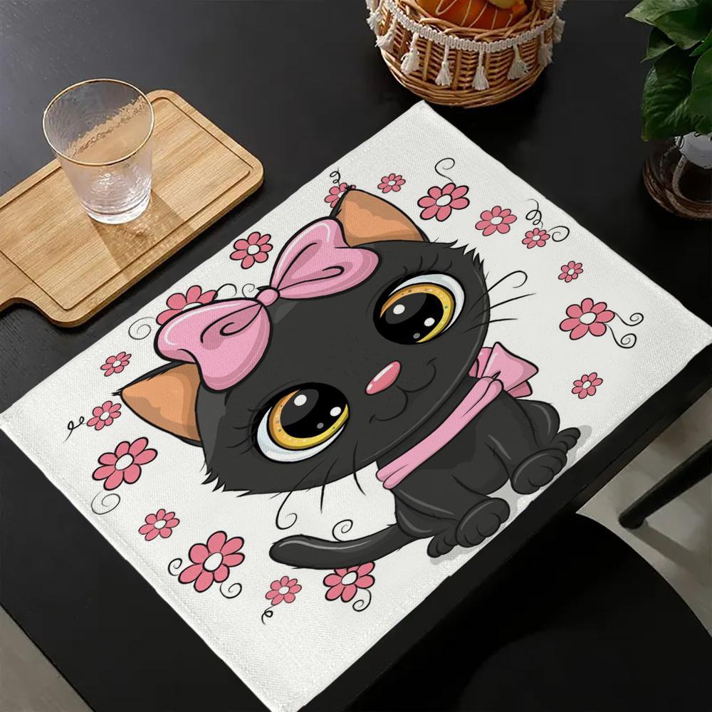 

4pc cartoon animals Placemats, Polyester Woven Table Mats with Plants And Butterflies, Hand Washable, Dining Decor 30x45cm-4PC