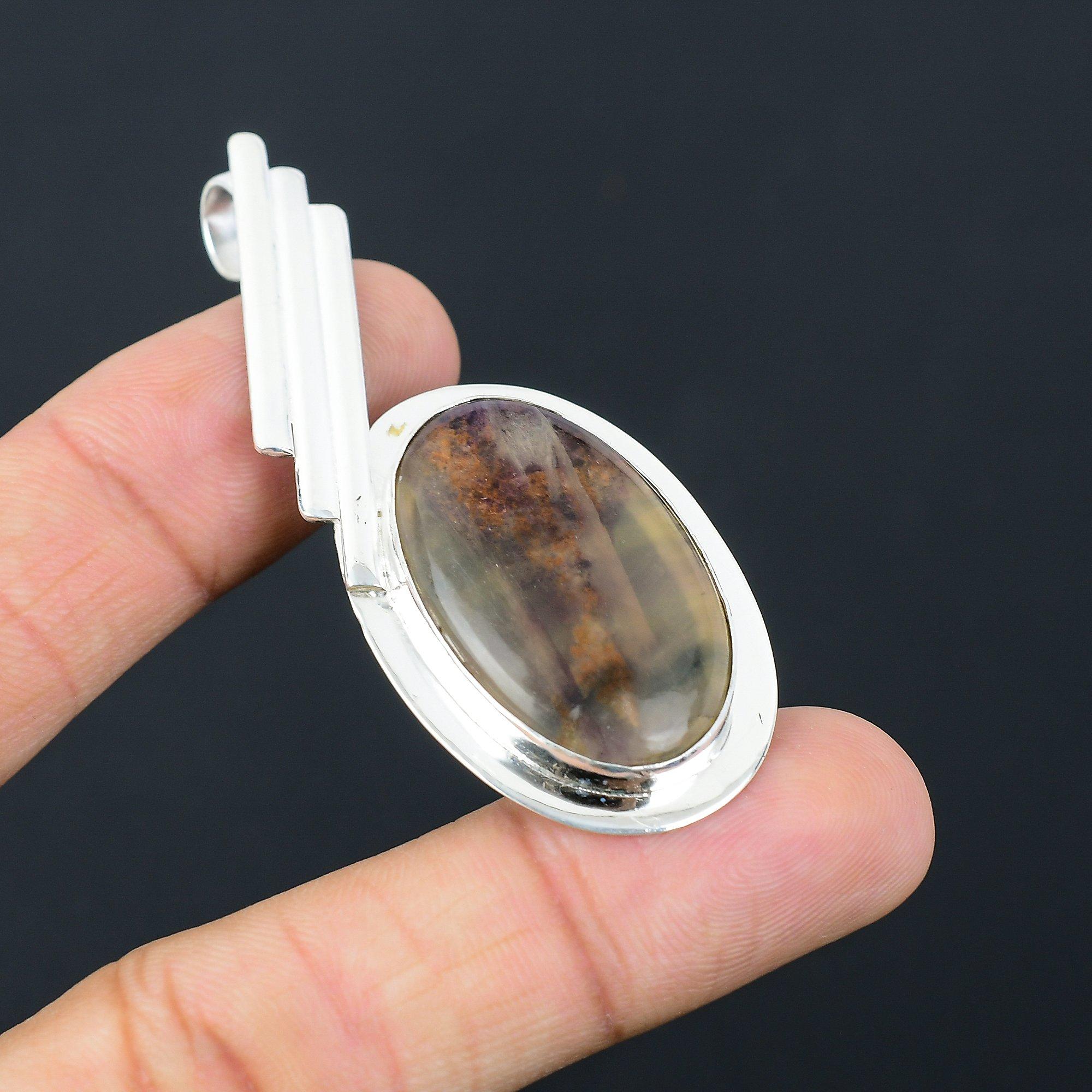 Oval Multi Fluorite Gemstone Third Eye Chakra Birthday Pendant Sterling Silver
