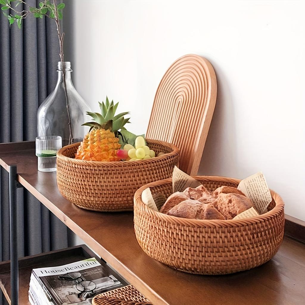 1pc/3pcs Rattan Fruit Basket Circular Woven Decorative Serving Basket Steamed Bun Basket Home Desktop Storage Box