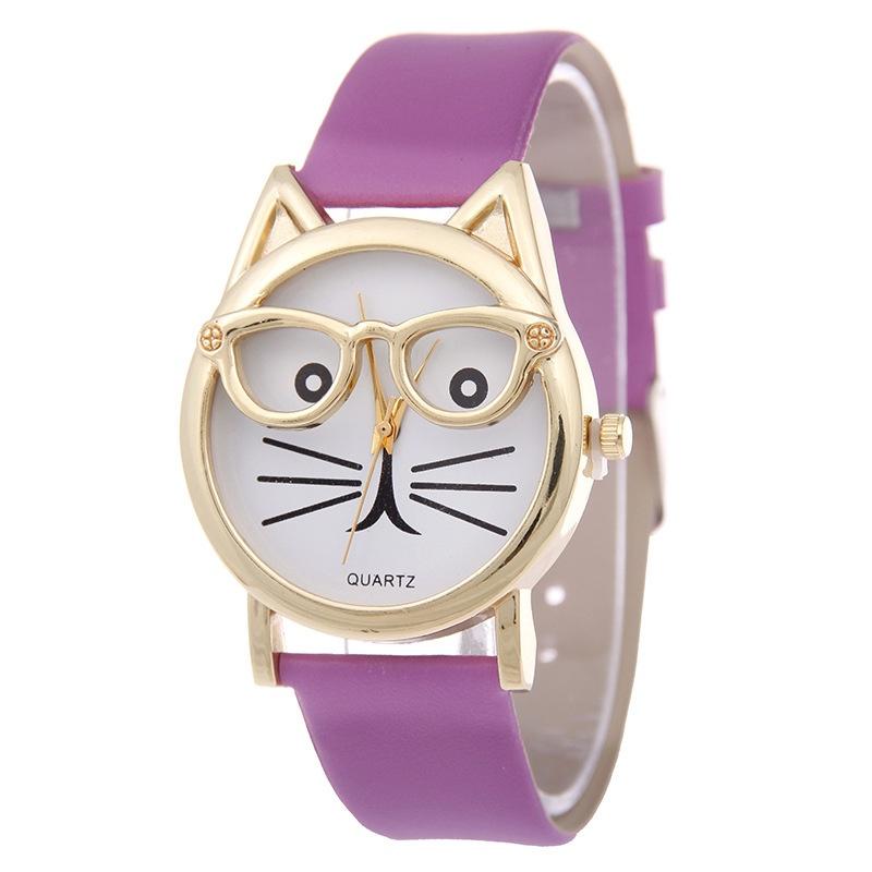 Cat Glasses Face Womens Watch Cartoon Solid Color No Word Gold Frame Daily Wear