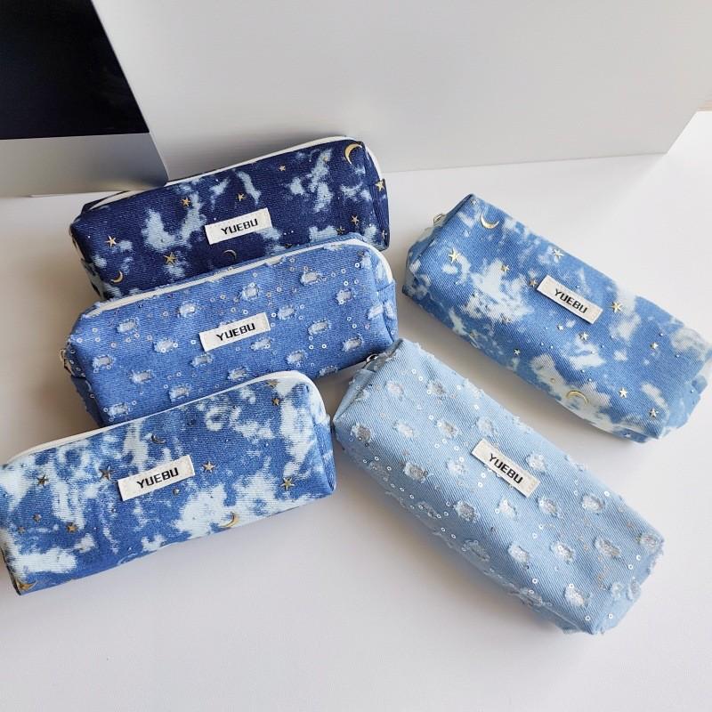Water Washable Denim Sequin Pencil Pouch With Large Capacity For Students And Office Use