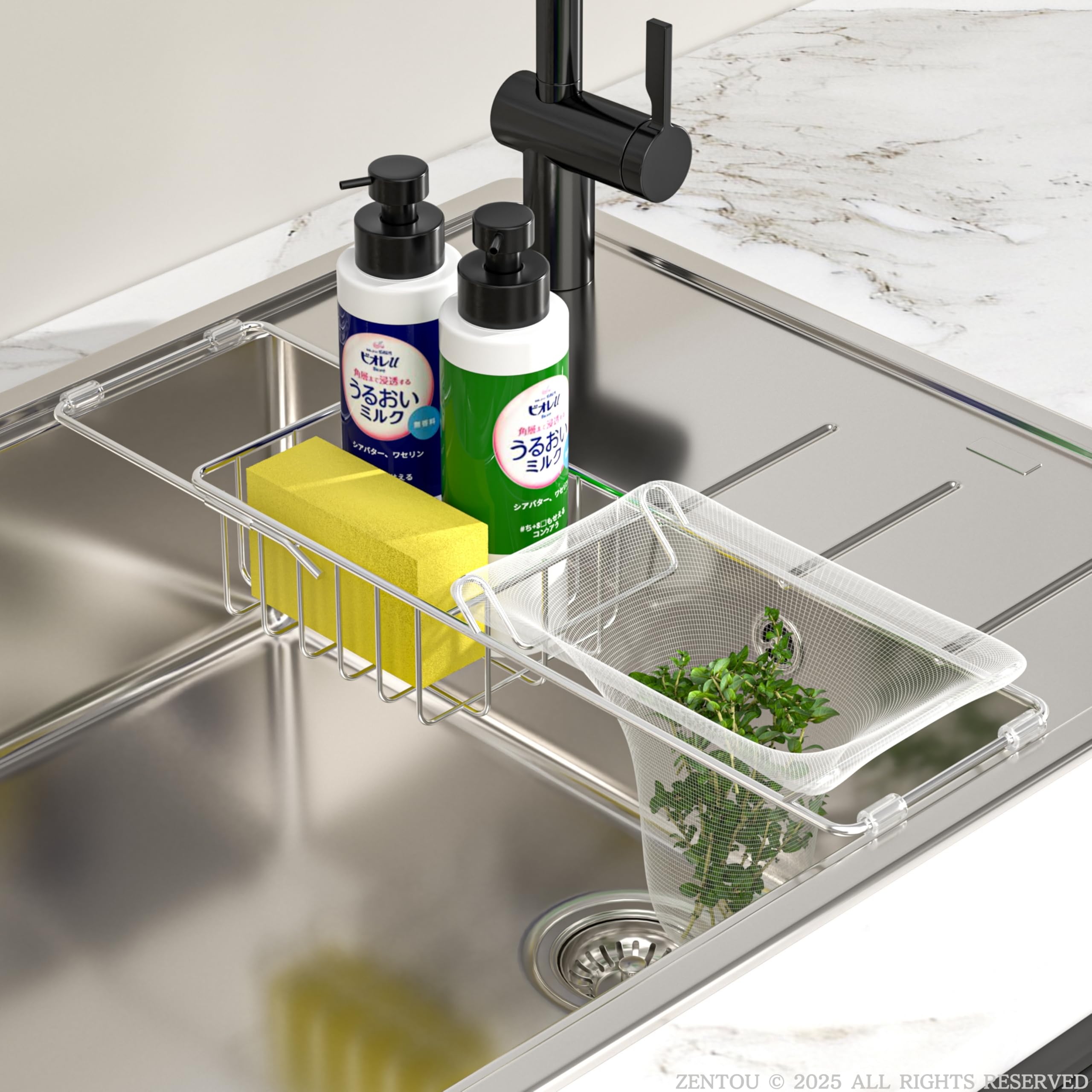 

ZENTOU Раздвижной Подходит для узких раковин Не требуется сушилка для углов Включает сетку для сушки Стойку для моющего средства Плавающий держатель для губки Без присосок Легко